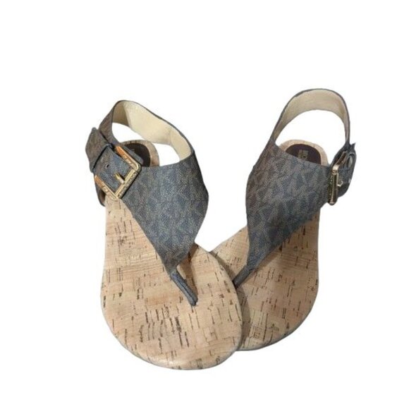 Michael Michael Kors London T-Strap Sandals Brown NWOT MK Logo Size 8 Shoes - Picture 1 of 9